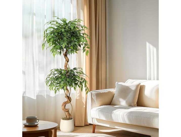 Arbre artificiel Ficus à troncs courbés, plante artificielle multi-niveaux, arbres en fausse soie luxuriants avec pot blanc pour la décoration intérieure