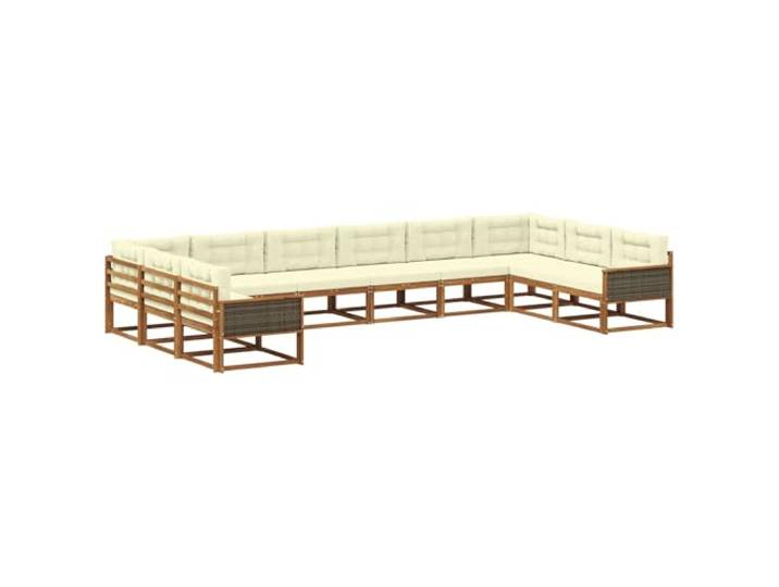 PUGYNBK Sofaset für den Außenbereich, 10-teilig, Akazie Natur und Creme Robuster Lattenrahmen, ergonomische Armlehnen, modernes Design für Terrasse, Garten oder Pool