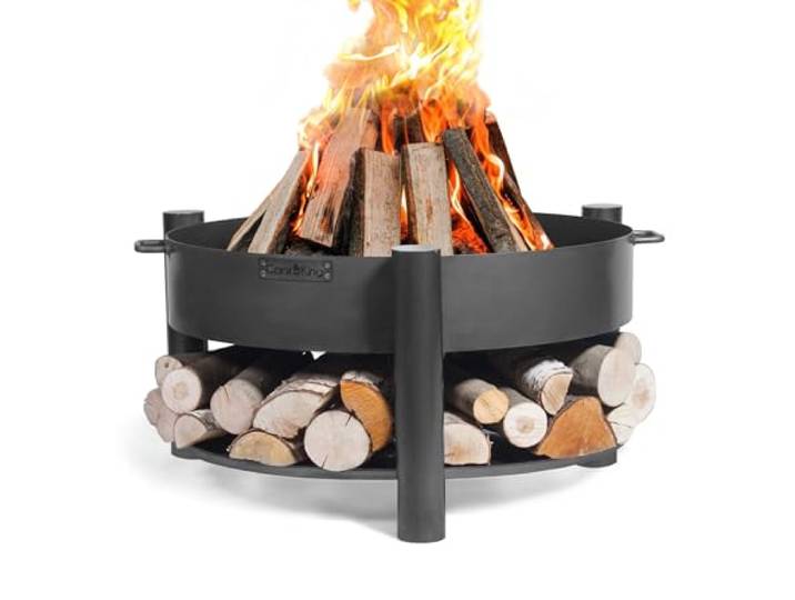 CookKing Stahl Feuerschale Montana Ø 60x45 cm Schwarz mit Holzlager Zwei Tragegriffe und drei stabile Beine ermöglichen einen sicheren Stand, das Holzlager hält Brennholz griffbereit.
