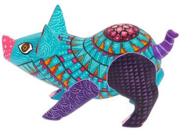 Novica Handmade Playful Pig Wood Alebrije Figurine