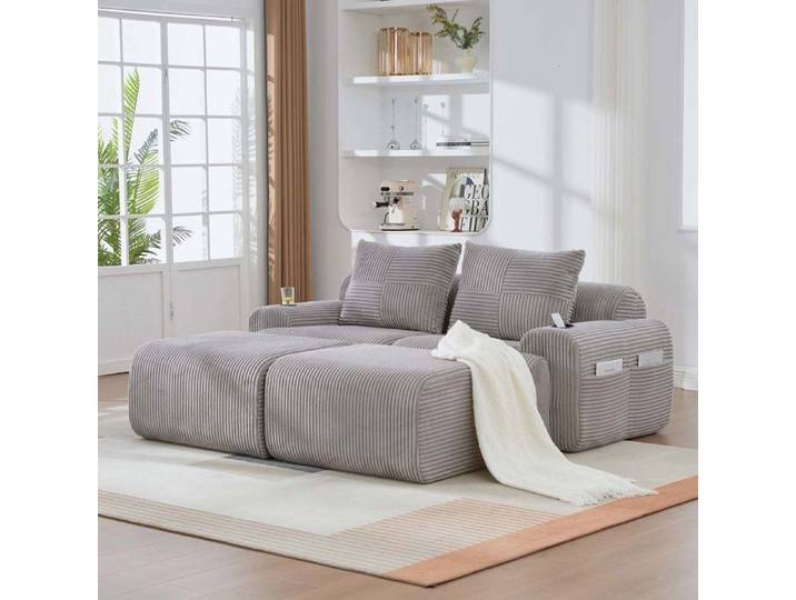 Canapé modulaire - Modulaire - 2 places - Velours côtelé gris clair - Porte-gobelets & poches de rangement