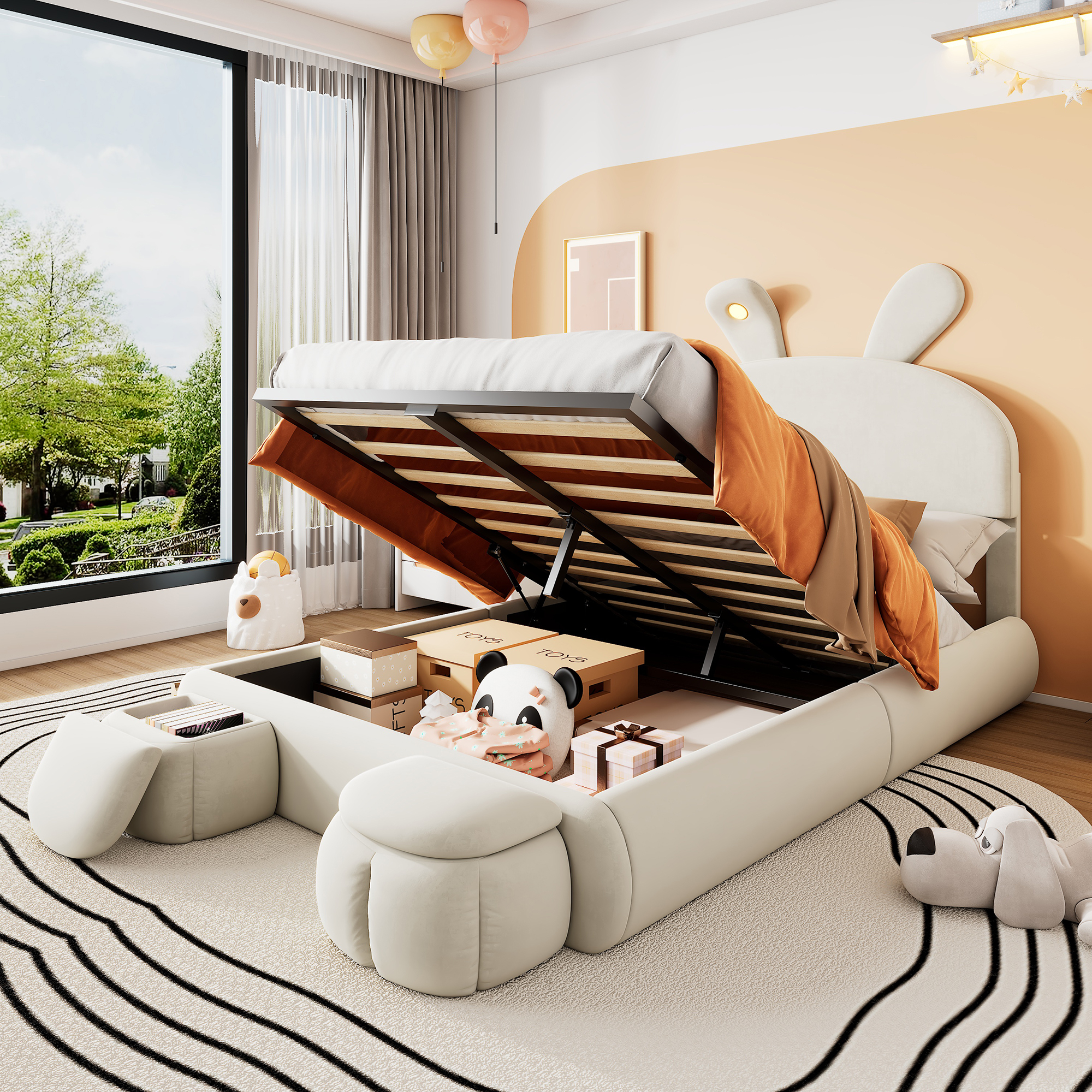 STILVORA Kinderbett 140×200 cm Polsterbett mit LED-Licht & Bettkasten, Jugendbett Einzelbett mit Kopfteil, Samt, Beige (mit Matratze)