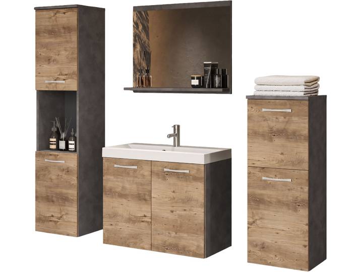 Badmöbel-Set WELLTIME PARLA , grau (matera anthrazit, kastanien breslau), B:120cm H:133cm T:34,5cm, Holzwerkstoff, Kastenmöbel-Sets, Badmöbel-Set, Waschtisch inkl. Waschbecken, Spiegel, Hochschrank und Hängeschrank