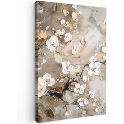 LEINWANDBILD Blumen - Weiß - Gold - Beige - Luxus Deko Wohnzimmer 20x30 cm