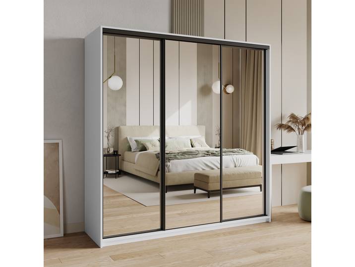 Masseno Schiebetürenschrank RIEN 200/205/60cm 3-türig mit Spiegel Weiß