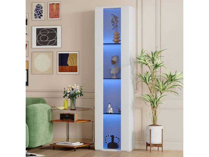 Vitrine pour collection Cloison en Verre Lumière à Changement de Couleur LED Télécommande / Réglage App 40x29x170cm Blanc