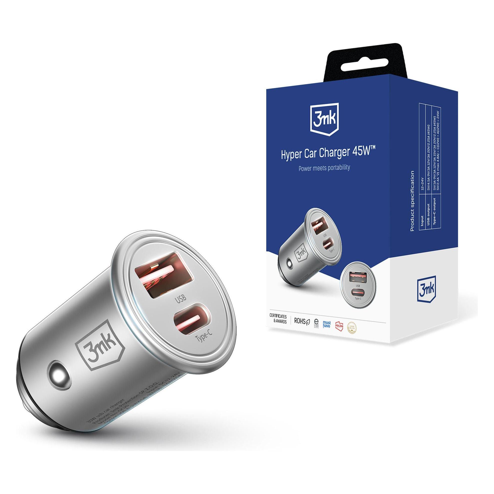 3MK HyperCar Charger 45W Ładowarka samochodowa 1xUSB-A + 1xUSB-C (Hyper Car Charger 45W)