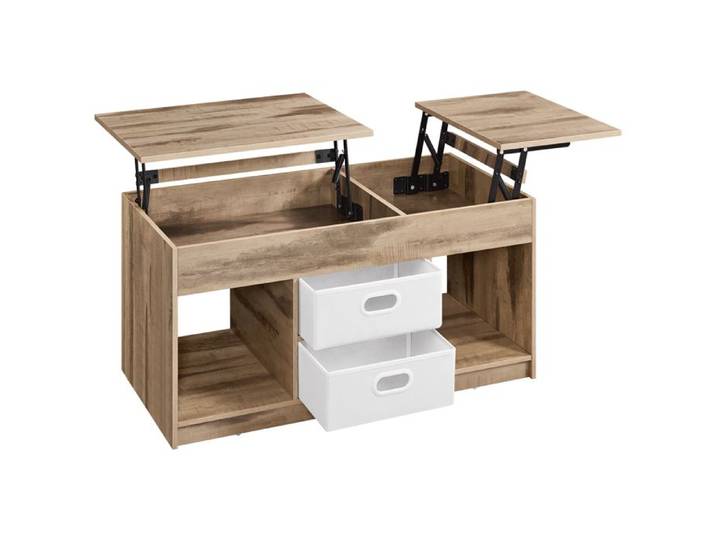 Table Basse Relevable - VASAGLE - 2 Tiroirs - Compartiments Cachés - Marron Camel/Blanc Nuage