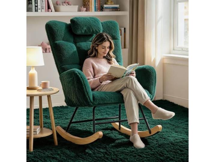 GarveeHome Schaukelstuhl Mit Kopfstütze, Hohe Rückenlehne,Dunkelgrün Hohe Rückenlehne, breite Armlehnen, Wippbasis – ideal für Schlafzimmer, Büro oder Babyzimmer
