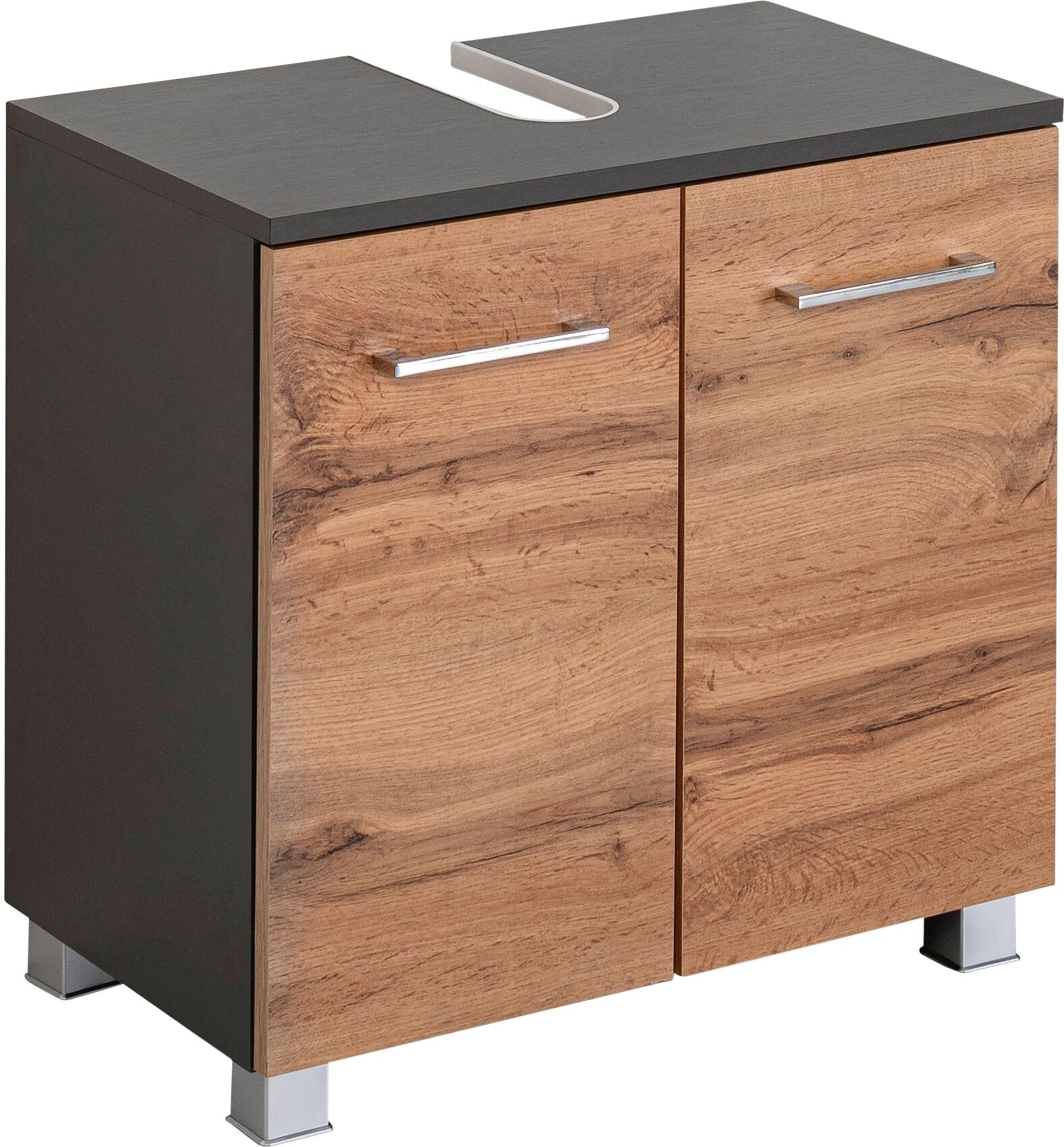 Badmöbel-Set WELLTIME "Avignon", braun (eichefarben, grafit), B:90cm H:200cm T:35cm, Holzwerkstoff, Kastenmöbel-Sets, Badmöbel-Set, mit 3D-Spiegelschrank mit LED-Aufsatzleuchte