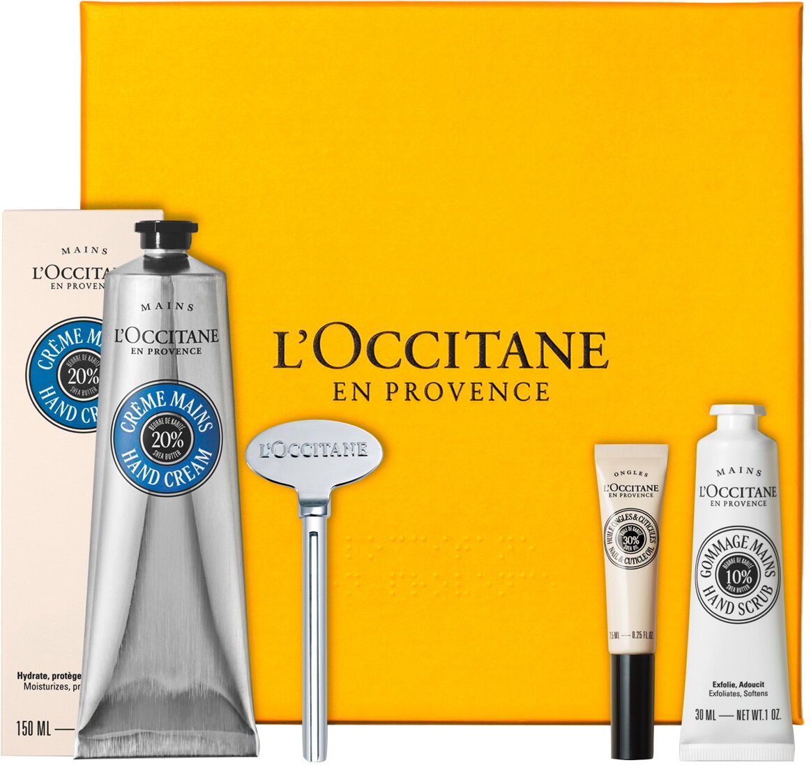 L'Occitane Karité Confort Handpflege Geschenkset (Creme 150ml + Öl 7,5ml + Peeling 30ml + Tubenschlüssel)