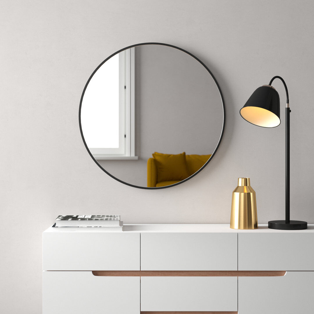 Hykkon Jessica Round Metal Accent Wall Mirror Black 80cm H x 80cm W x 3.8cm D