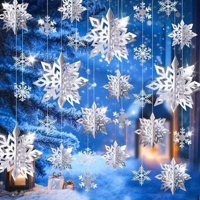 Modern Home Fixes Rainbow Color 3D Snowflake Ornaments, Large Hanging Snowflake Decor Set, Hanging String 2