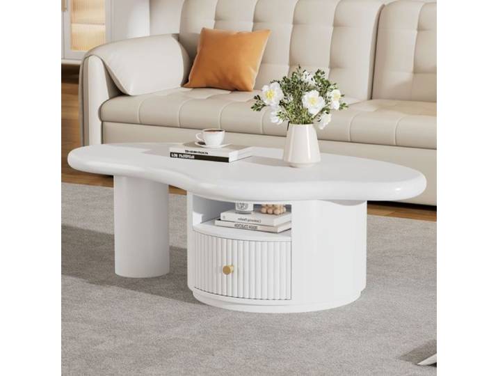 Table Basse Nuage Irrégulière 110x60x37 5cm Plateau MDF Avec Tiroir Tapis Feutre Inclus Design Créatif Et Moderne TABLE BASSE