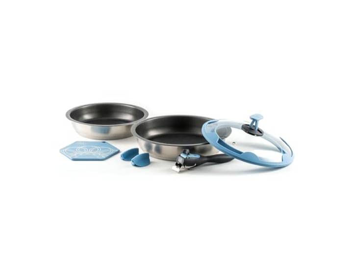 cookvision nesto stapelbares Pfannenset 7-tlg. Blau, 2 induktionsgeeignete Antihaft-Pfannen, abnehmbarer Griff, Gourmetdeckel, Topfuntersetzer, 2 Silikongriffe, für Paare beim Camping, Reisen