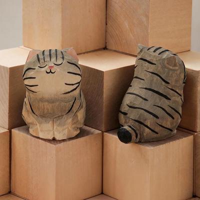Uplift Essentials Handcrafted Wood Carving Kitten Statue Cute Cat Figurine For Desk, Home Decor & Car Dashboard style 6