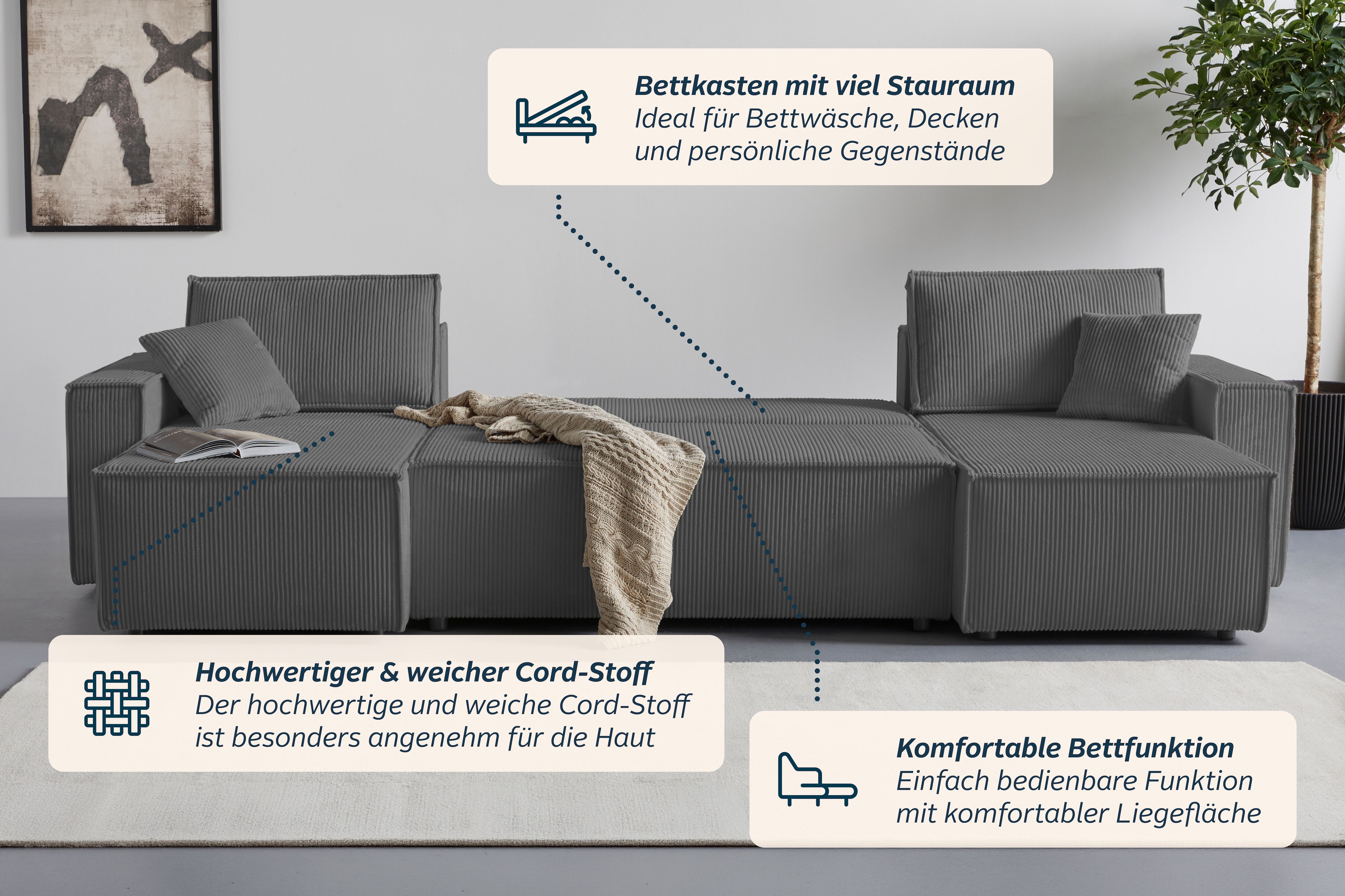 Wohnlandschaft OTTO HOME "CASSI L-Form, 311cm - OTTO. Verlässliche Qualität.", grau (anthrazit), B:311cm H:80cm T:48cm, Sofas, Wohnlandschaft, Schlaffunktion (133/270), Bettkasten, Cord, Unser Tiefpreis