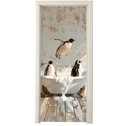 TÜRAUFKLEBER Vintage - Pinguin - Badewanne - Schaumstoff 85x215 cm - Türtapete