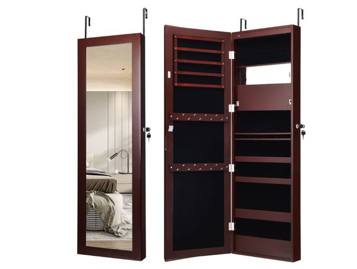 GOPLUS Armoire à Bijoux Murale avec Miroir Pleine Longueur avec Lumières LED Automatiques Miroir Intégré Serrure à Clé Marron