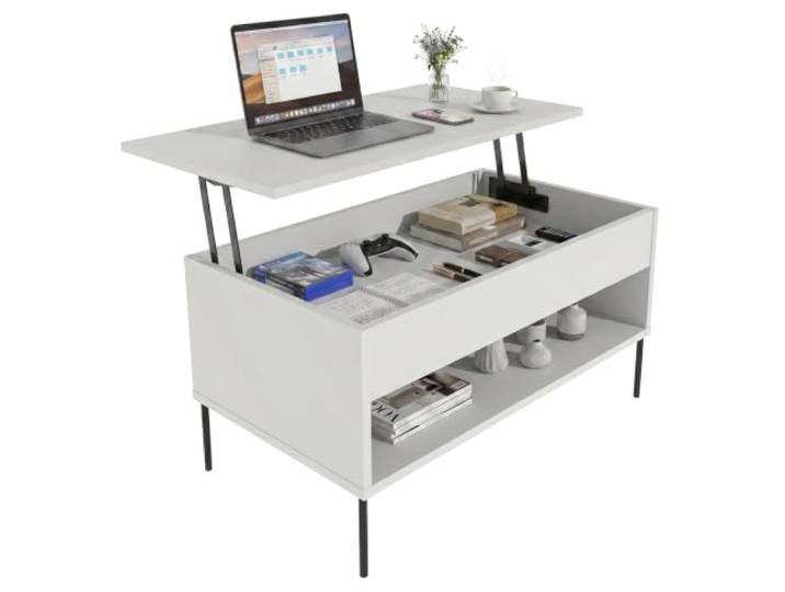 CraftPack Wohnzimmertisch 92 cm mit Liftfunktion und Stauraum Moderner Couchtisch mit höhenverstellbarer Tischplatte Weiß
