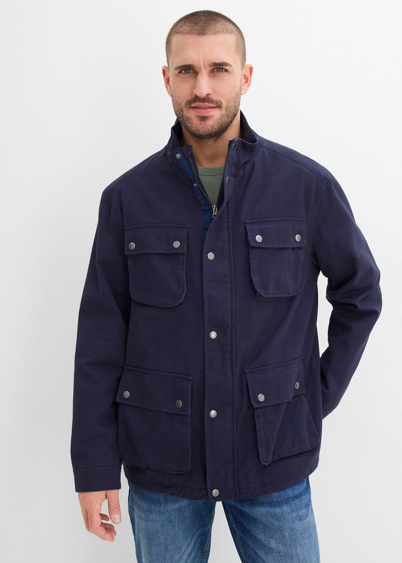 bonprix Übergangsjacke aus reiner Baumwolle, blau, Gr.54, moderne Übergangsjacke mit vielen aufgesetzten Taschen, aus 100% Baumwolle