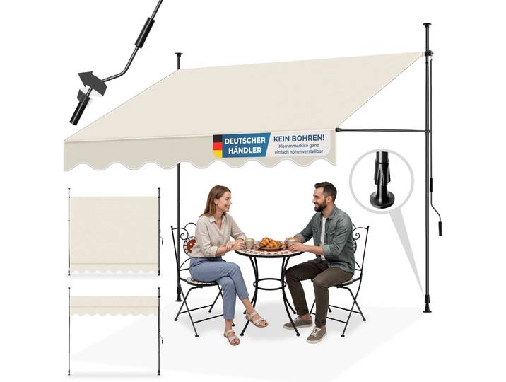 Klemmmarkise mit Handkurbel, höhenverstellbar - 250 x 180 cm, beige