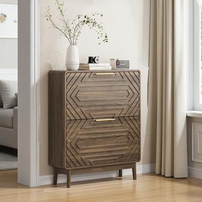 Fundinbaths "31.5"" Walnut Shoe Cabinet with 2 Flip Drawers, Mid-Century Modern Freestanding Shoe Storage Organizer"