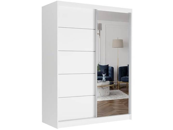 Easy4You Krudox Weiß 150 cm Schiebetürenschrank Kleiderschrank mit Spiegel Schlafzimmermöbel Mehrzweckschrank mit Kleiderstange Schrank für das Schlafzimmer