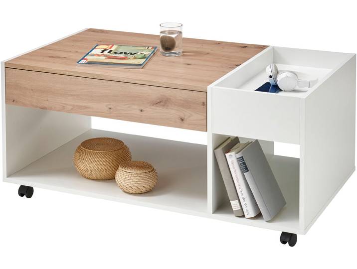 Couchtisch STOLKOM Emil , weiß (artisan eiche, weiß, schwarz, artisan eiche, weiß), H:44cm, Tische, Couchtisch, rollbar, Tisch mit Schubkasten mit push to open