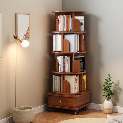 ZWYO HOSIMU "57""H 5-Tier Wooden Rotating Bookshelf with Drawer, 360° Display Corner Bookcase, Floor Standing Storage Rack for Bedroom"