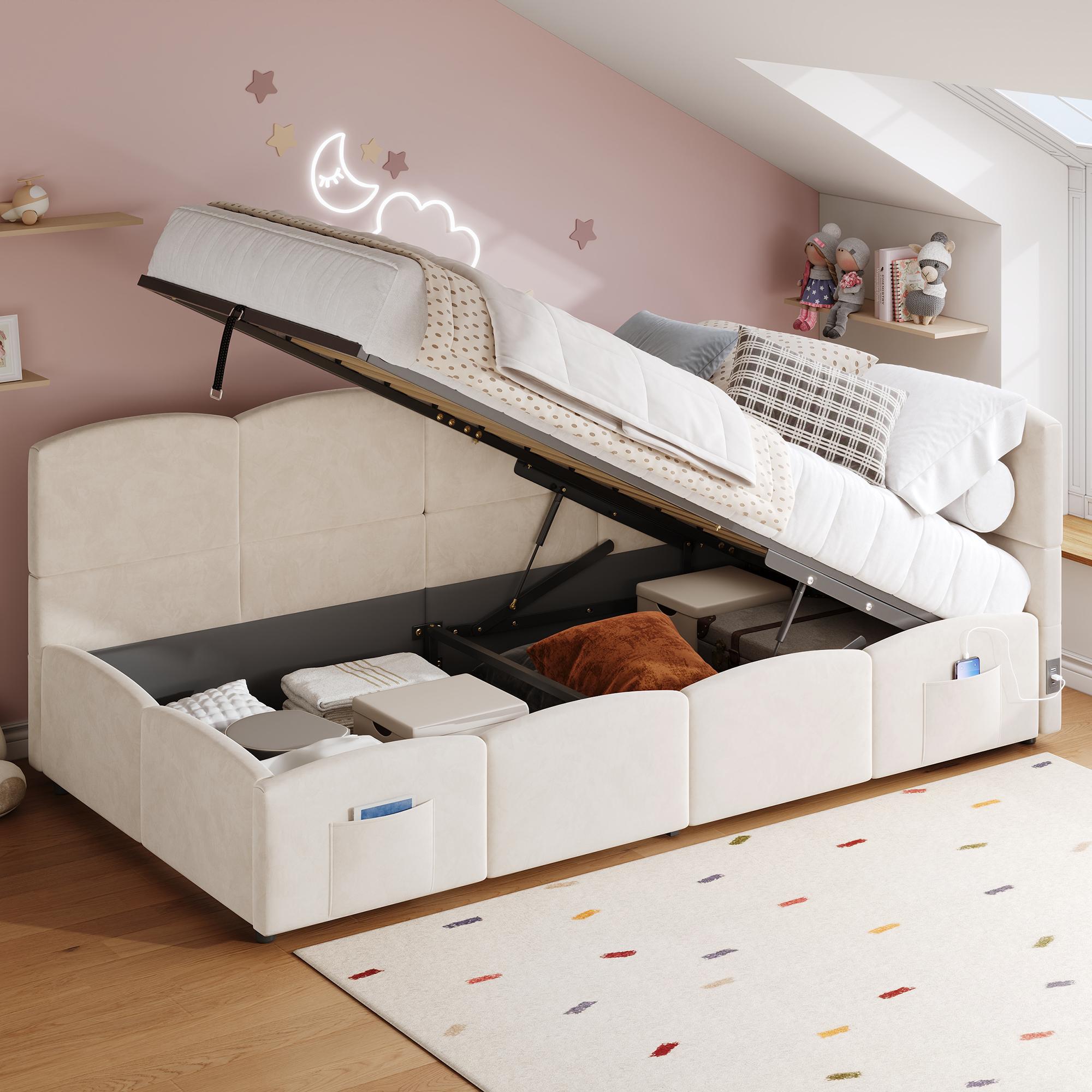Polsterbett,Kinderbett, Einzelbett, Stauraumbett, Schlafsofa 90x200 cm, mit Lattenrost, USB-Ladegerät, Stautasche, Jugendbett