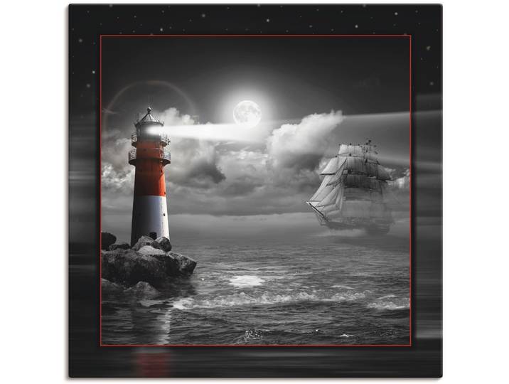 Leinwandbild ARTLAND Leuchtturm und Segelschiff im Mondschein , schwarz (farbe bild(er): schwarz), B:70cm H:70cm, Bilder, Leinwandbild, auf Holzrahmen gespannt