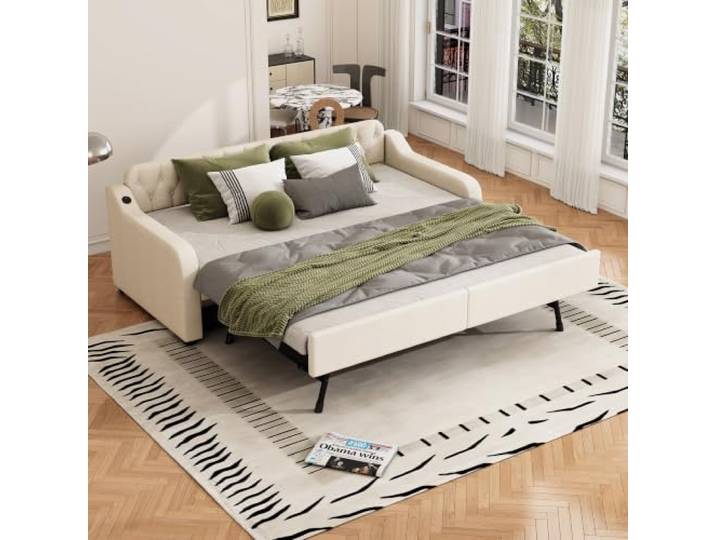 【90x200cm Ausziehbares Schlafsofa】Tagesbett mit Rollfunktion & USB-Ladeanschluss, Beige Platzsparendes Gästebett mit Lattenrost, 200kg Belastbarkeit MDF Holzrahmen, Stoffbezug, Ohne Matratze