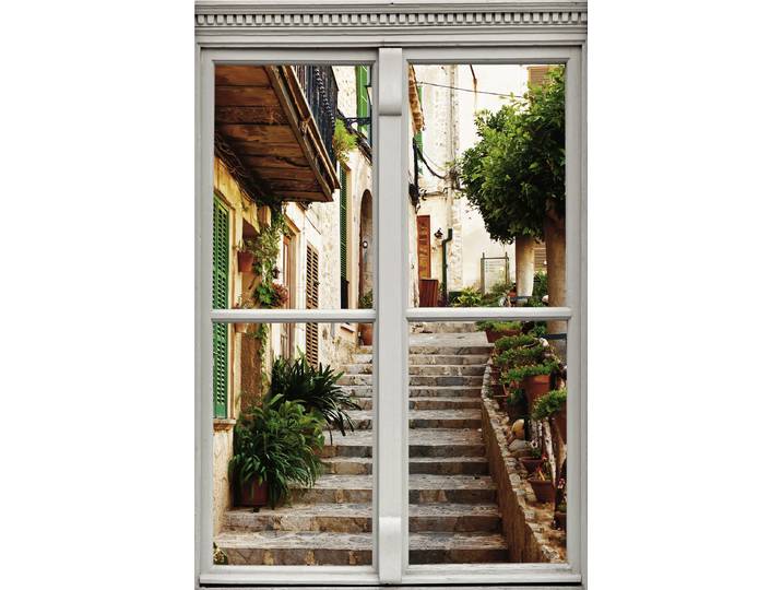 Wandsticker QUEENCE Treppe am Haus , bunt, B:40cm H:60cm T:0,1cm, Wandtattoos, Wandsticker, Wandsticker, Wandbild, selbstklebend, 3D, Fenster