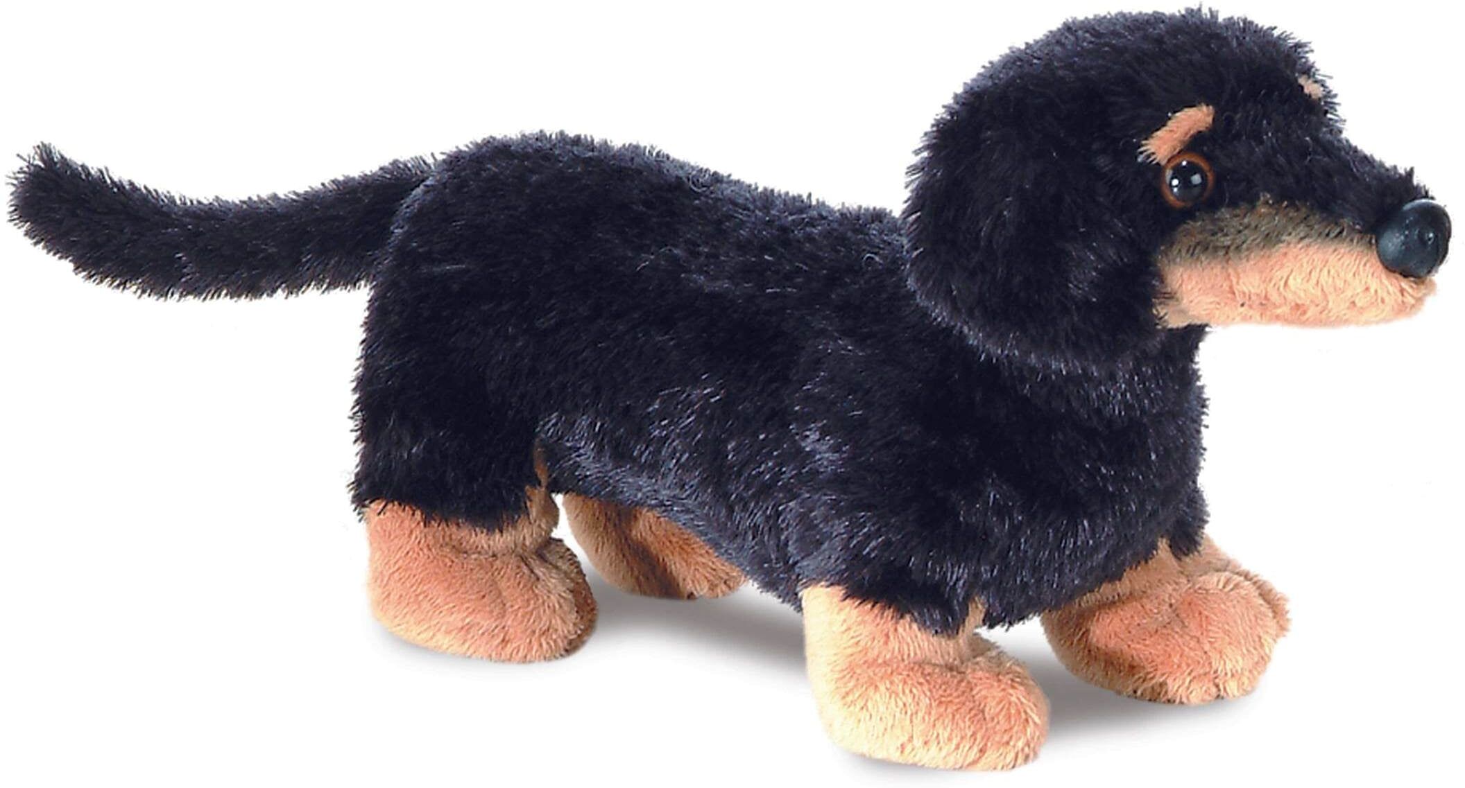 Aurora 8" Plush- Mini Flopsie-Vienna Dachshund, Black and Brown, 20cm Soft Toy for All Ages