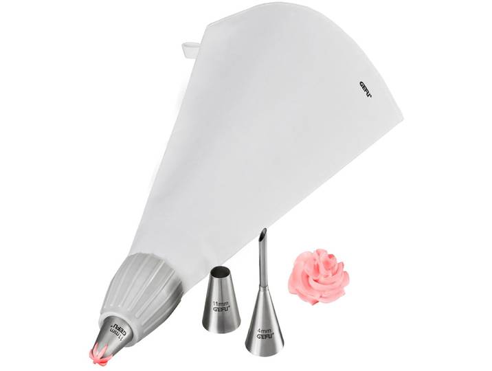 Spritzbeutel GEFU DECORE SET , weiß, H:5cm L:20cm T:5cm, Baumwolle, Edelstahl 18/10, Kunststoff, Spritzbeutel, Spritzbeutel, verzieren von Kuchen