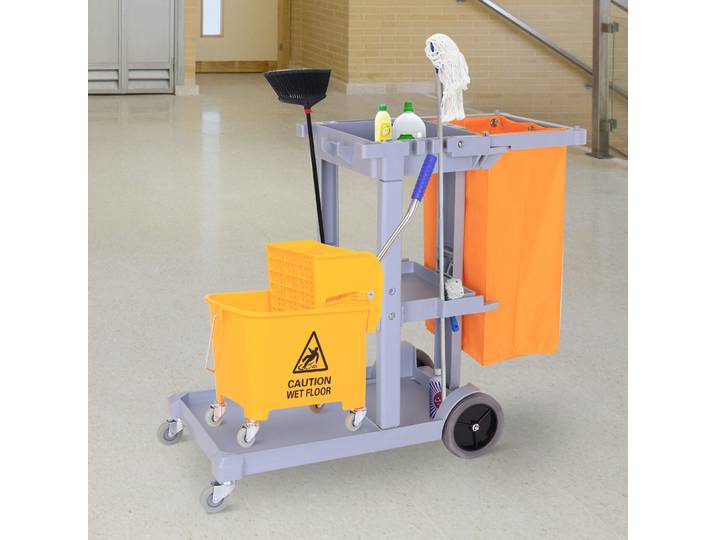 HOMCOM Chariot Nettoyage 3 Plateaux avec Sac Jaune Gris