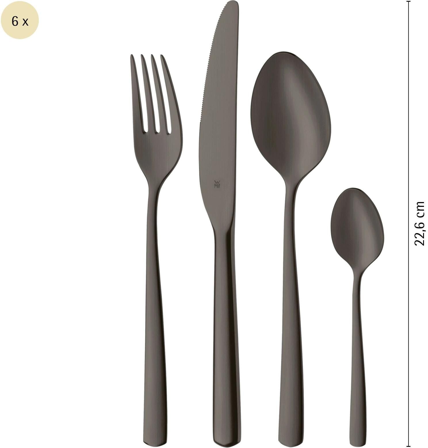 Besteck-Set WMF "Boston in edler Optik, ergonomische Haptik, Messer mit Wellenschliff", grau (schwarz passion), 24, Cromargan Edelstahl Rostfrei 18/10, Essbesteck-Sets, Besteck-Set, optimale Schärfe, rostfrei, edel, hochwertiger Besteckkasten schwarz pass