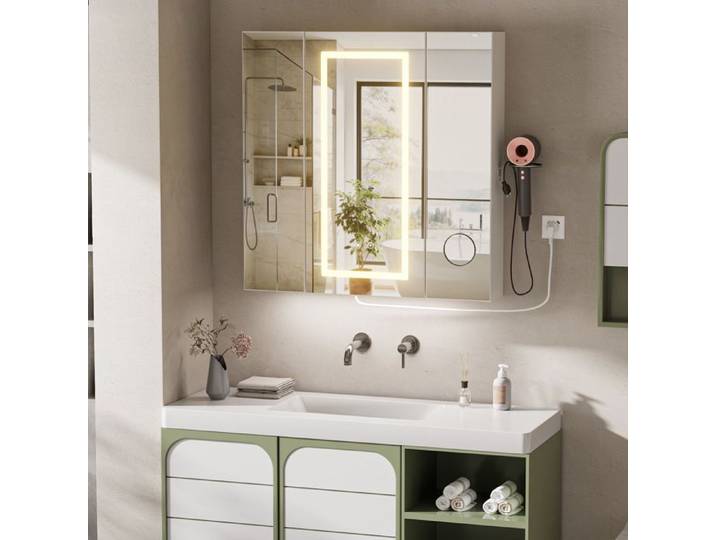 Armoire miroir LED antibuée 80cm - 3 portes 5 niveaux - Capteur gestuel - 3 couleurs - 2AC/2USB