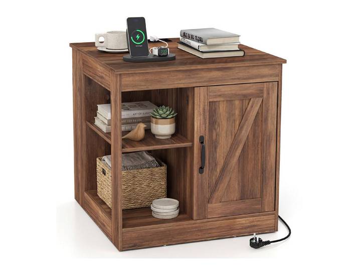 COSTWAY Beistelltisch, Nachttisch mit Ladefunktion, verstellbarem Regal Holz