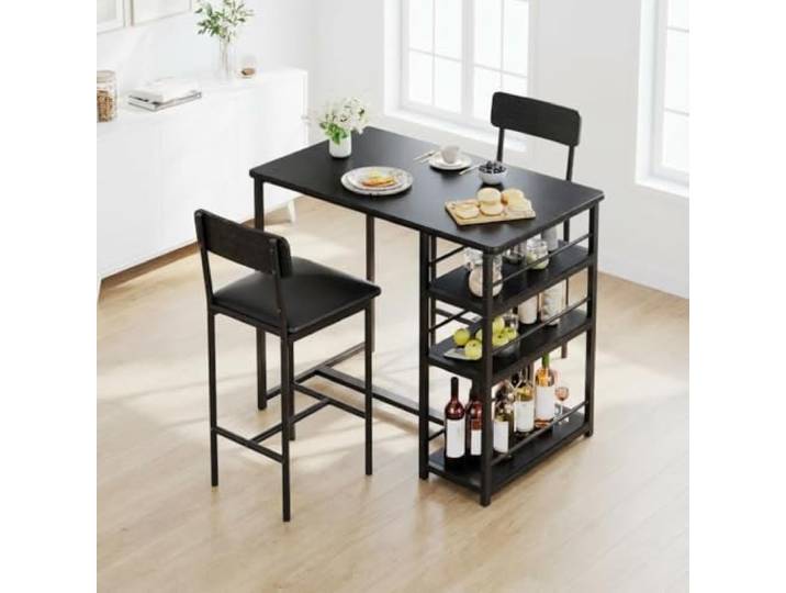 Crevyteg Bartisch mit Barhocker Set, Bartisch 3 Teilig, Esstisch mit 2 Stühlen 3 Ablagen, Barhocker mit Metallrahmen, Essgruppe für 2 Personen für Zuhause, Küche, Schwarz