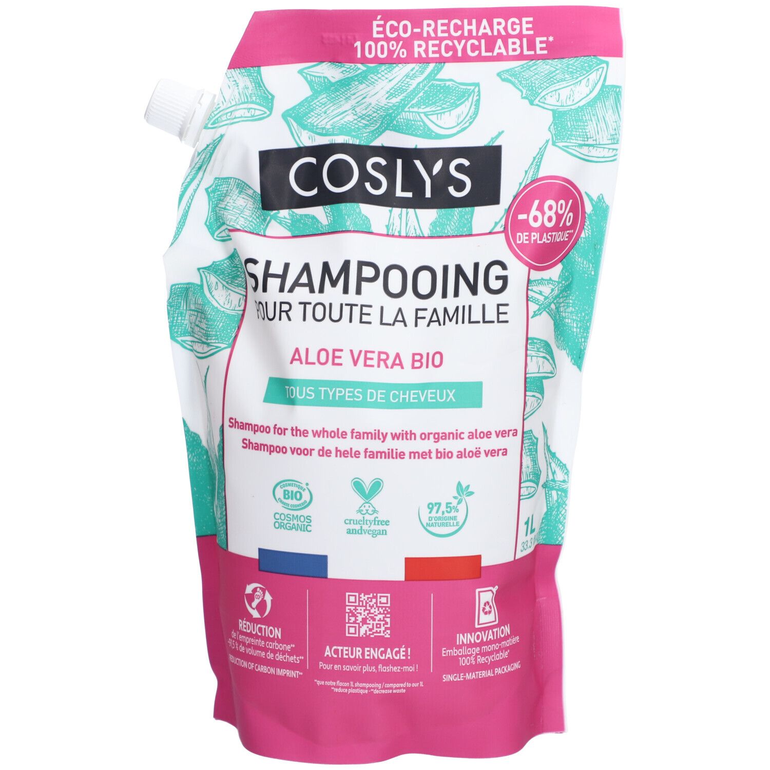 Coslys Shampoing Famille Aloe Vera Bio Tous Types De Cheveux Doypack 1000ml 1000 ml Shampoo