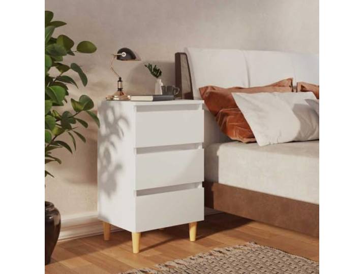 HEFZGDB Nachttisch mit Massivholz-Beinen Weiß 40x35x69 cm und DREI Schubladen, robuster Nachtschrank mit skandinavischem Design, Pflegeleichte Kommode mit Vier Holzbeinen