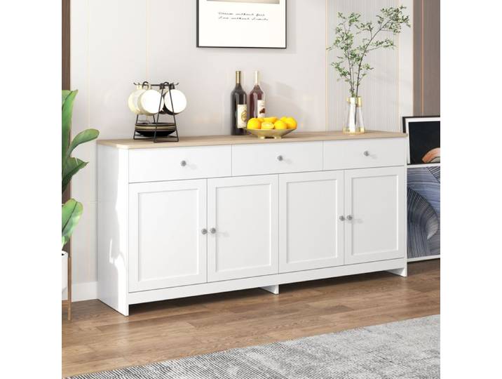 Buffet moderne -LUMINARIX -Buffet bahut - Armoire de salon moderne - Buffet en bois blanc- 4 portes - 3 tiroirs -160 x 37 x 75 cm