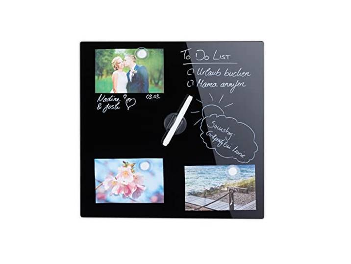 Relaxdays Tableau magnétique\, panneau d’affichage\, pense-bête\, 3 aimants\, verre\, 40x40 cm\, noir
