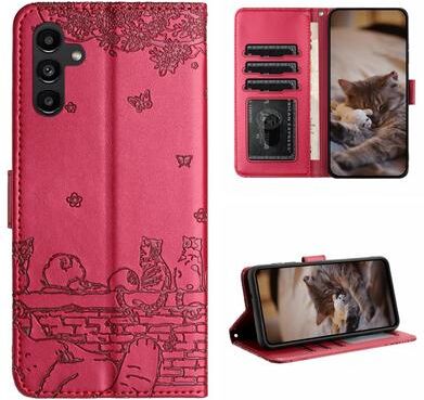 Inspired Deals Cute Cat Embossed Wallet Phone Case For Samsung Galaxy With Card Holder And Lanyard For Samsung Galaxy A51 red