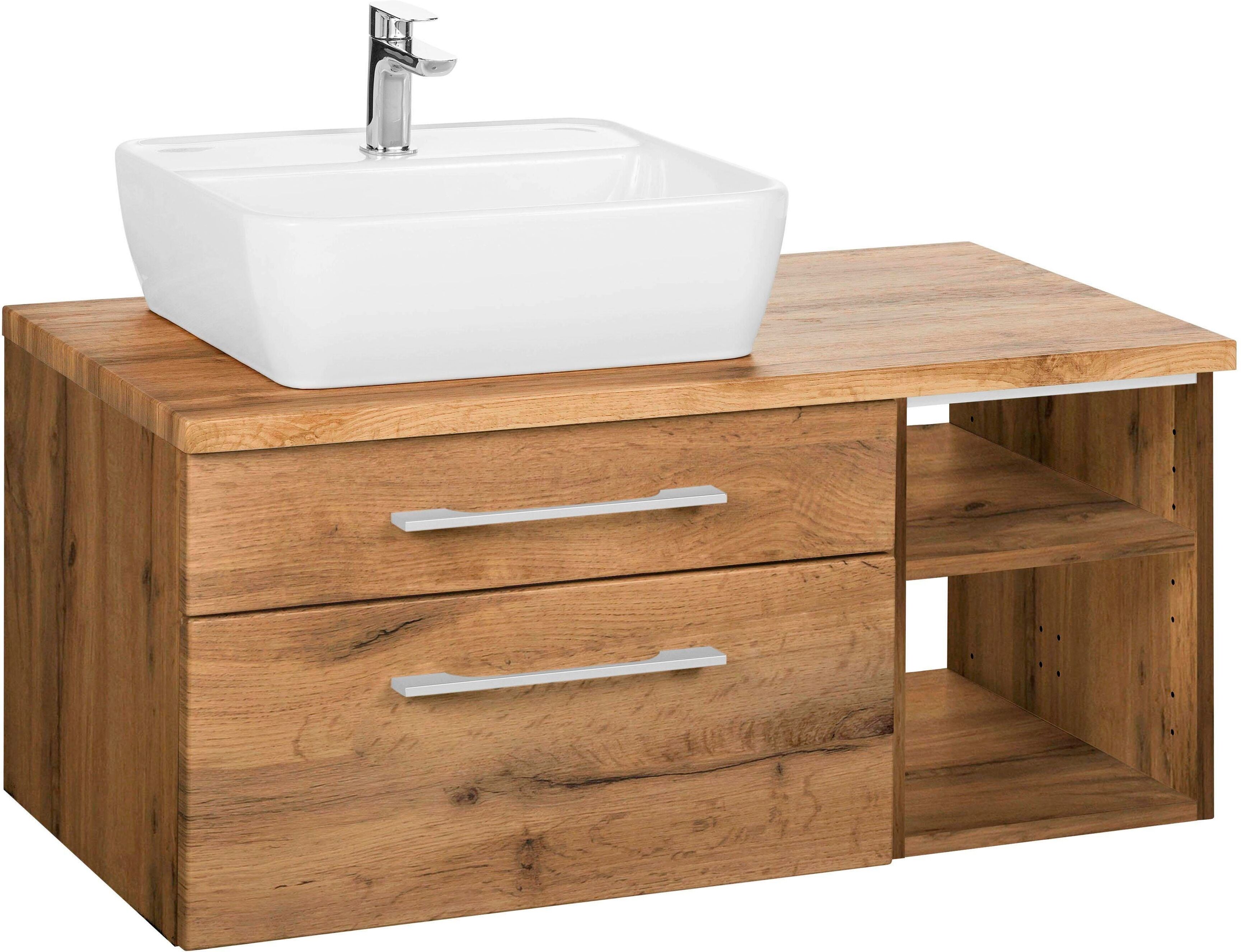 Waschbeckenunterschrank WELLTIME "Davos", braun (eichefarben, eichefarben), B:90cm H:55cm T:47cm, Schränke, Waschbeckenunterschrank, Badmöbel, Waschtisch inkl. Waschbecken, Breite 90 cm eichefarben, eichefarben eichefarben, B/H/T: 90cm x 55cm x 47cm, Beck
