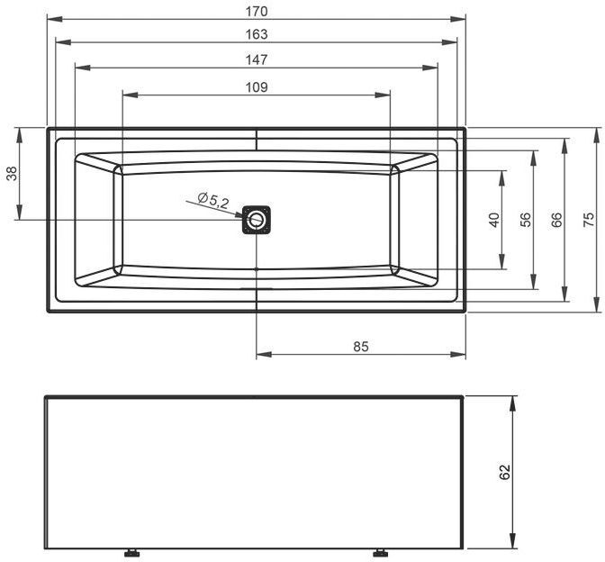 Riho Still Square Rechteck-Badewanne 175 x 75 cm, Plug & Play