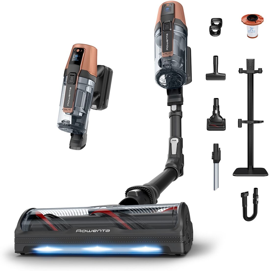 Rowenta Aspirador de escoba recargable X-Force Silence 20.80, RH9E74, Tecnología Flex, 410 AW. Burdeos