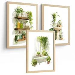 POSTER 3er-Set dekorative Badezimmerbilder, Wanddeko, minimalistische Badezimmerbilder im botanischen Stil, für, Toilette, grüne Pflanzen Rahmenlos A4